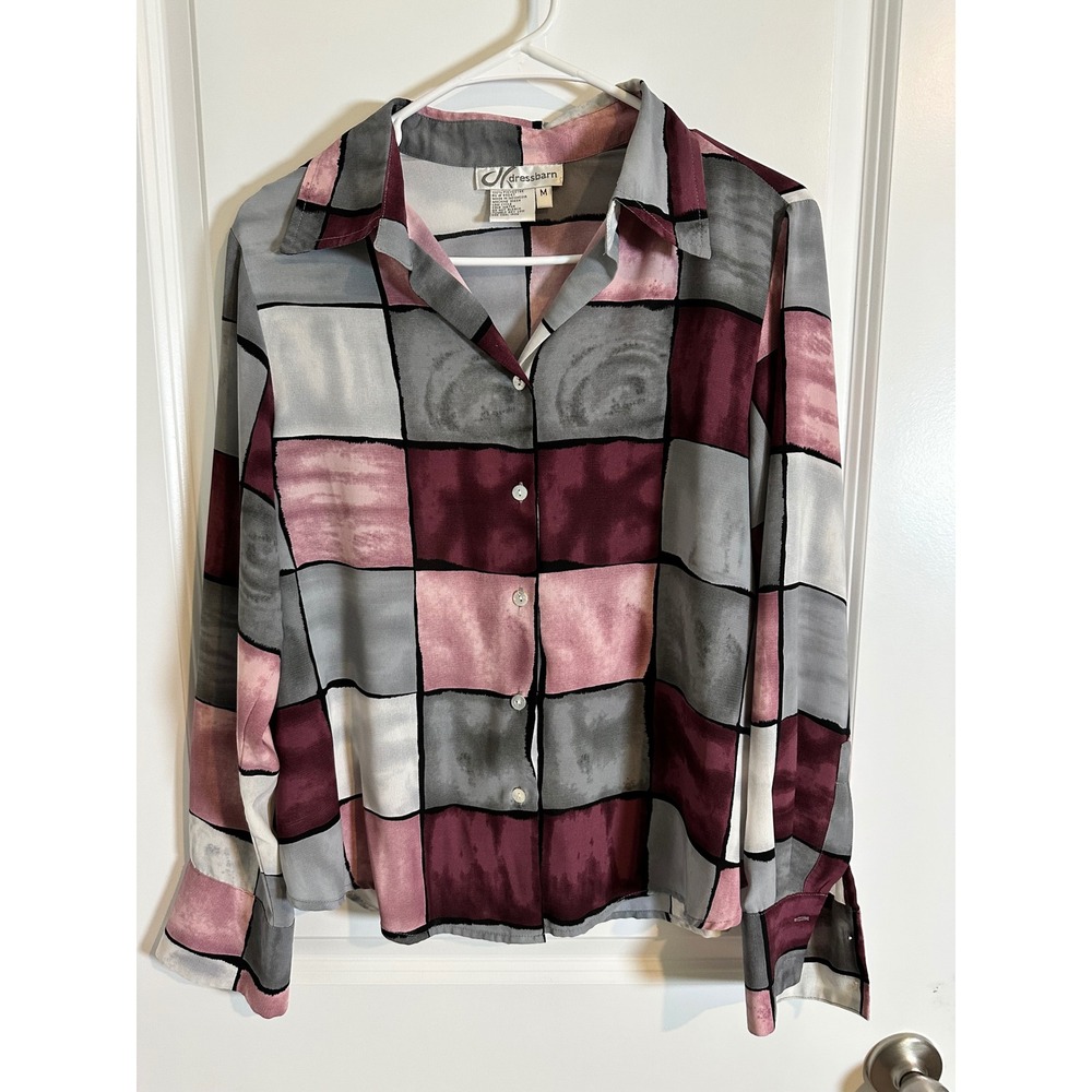 Dressbarn Women's M Long Sleeve Button Down Blouse Checkered Abstract Print